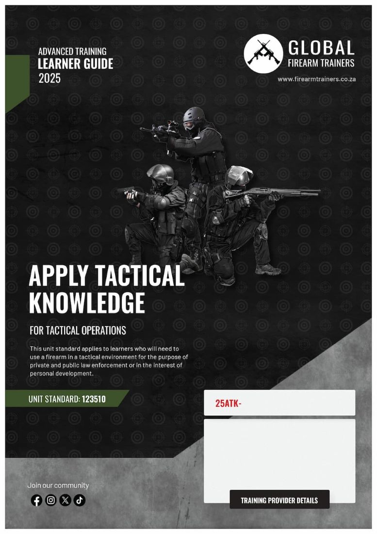 Unit standard 123510 is for persons who will need to use a firearm in a tactical environment for the purpose of private and public law enforcement or in the interest of personal development.