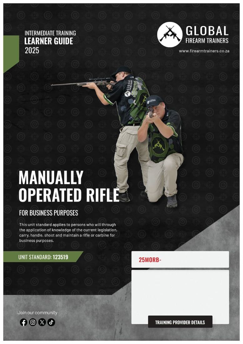 Unit standard 123519 is for persons who requires knowledge on the carry, handle, shooting and maintenance of a manually operated rifle or carbine for business purposes.